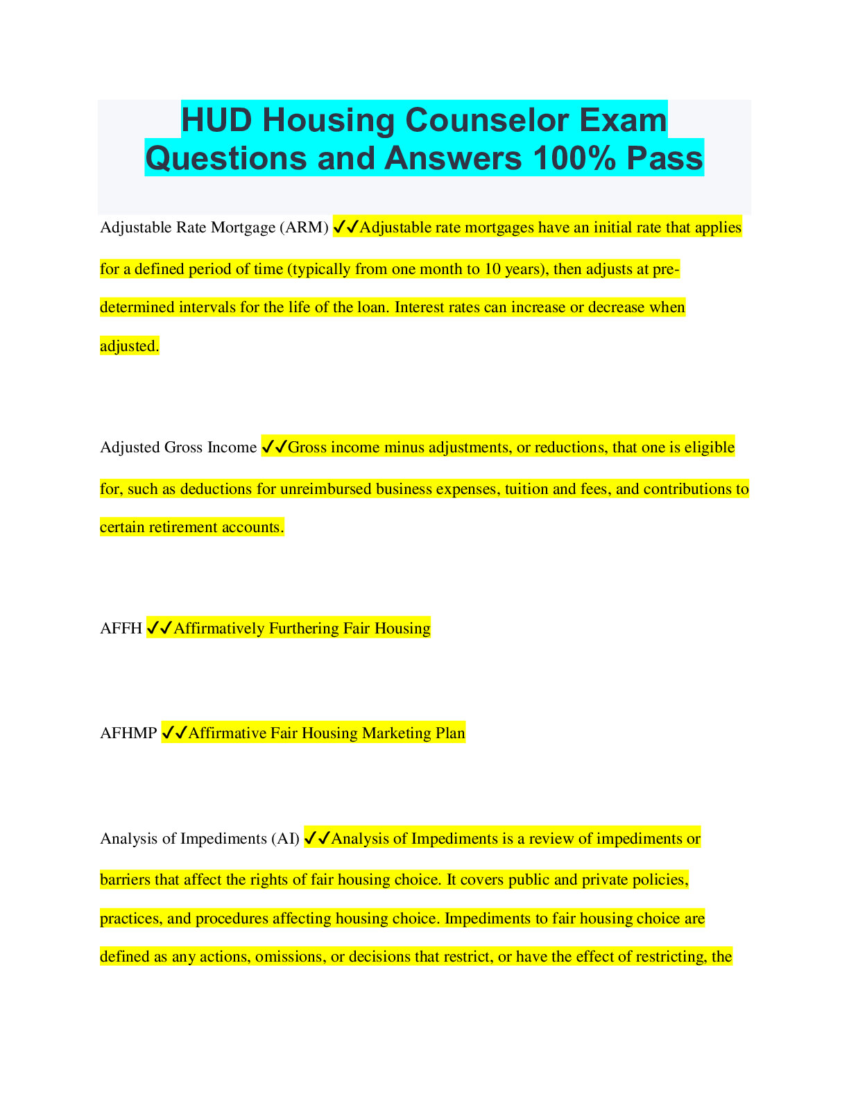 Preview of HUD Housing Counselor Exam Questions and Answers 100% Pass